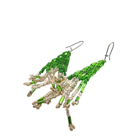 Glass Beads Fringe Earrings, Tube Beads and Seed Beads in Kelly Green, Vintage - Picture 3 of 3